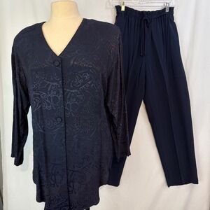 Vintage Signet Sportswear Womens Medium Navy Blue Damask Pajama Set‎ Lounge